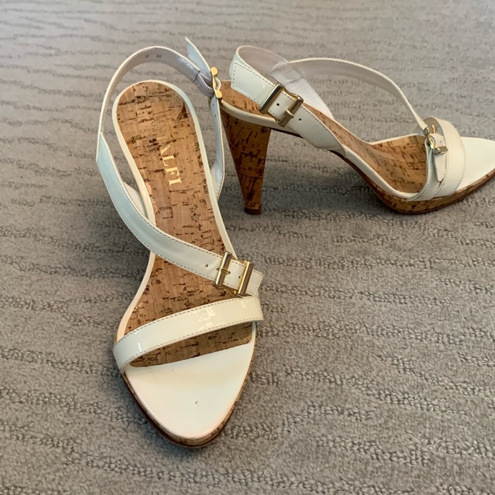 White patent leather 3 inch sandals.